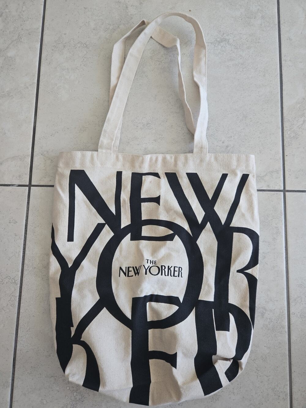The New Yorker Canvas Foldable Tote Bag Beige Black All-Over Pattern